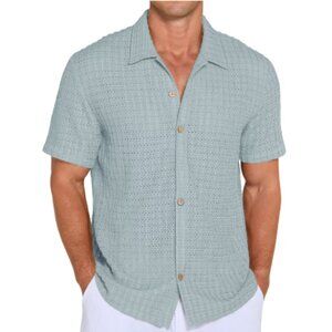 Men's Casual Button Down Hollow Out Guayabera Light Blue Shirt - XL - New